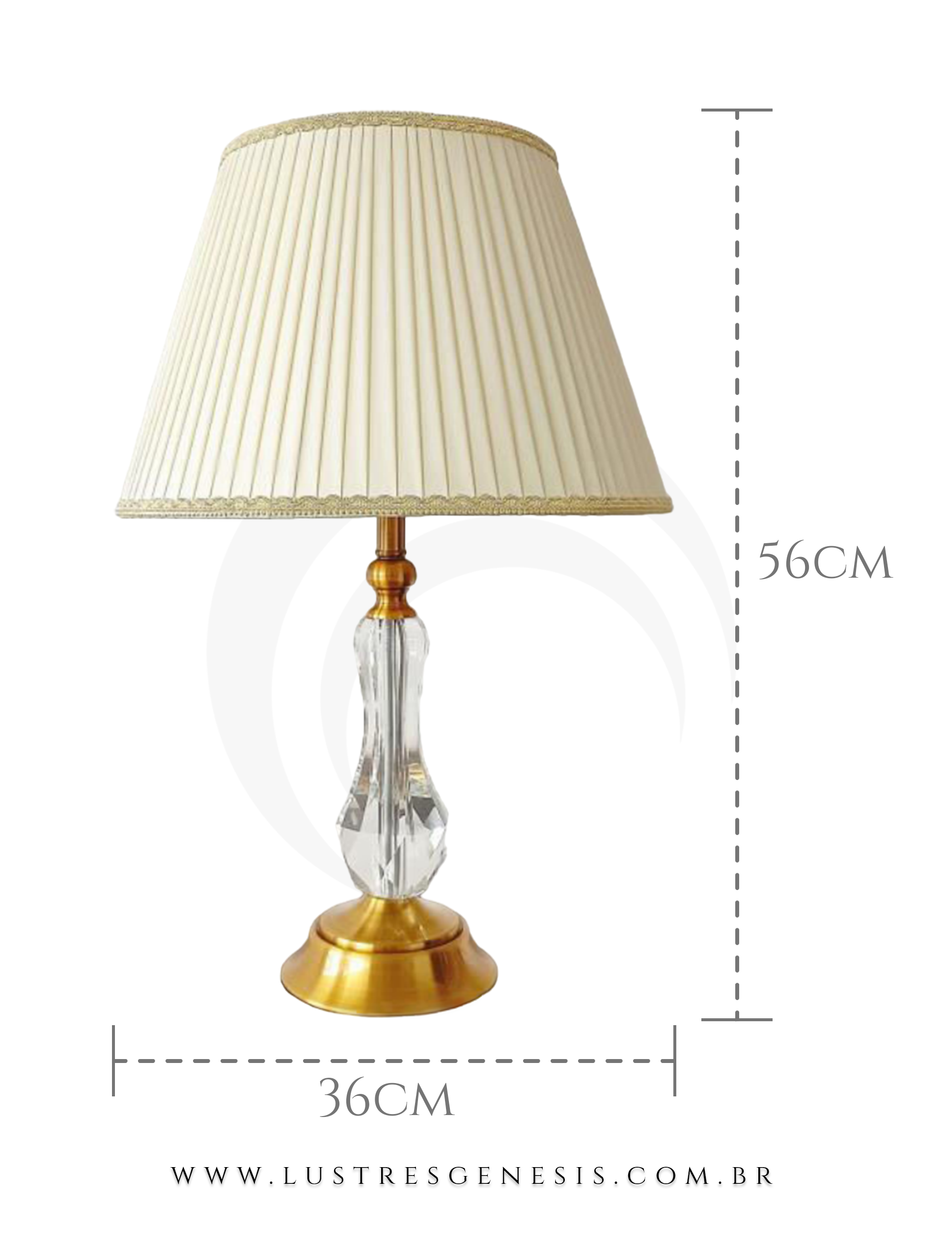 Abajur Anaia com base dourada e corpo em cristal, cúpula bege plissada, ideal para cabeceira de cama ou escritório.